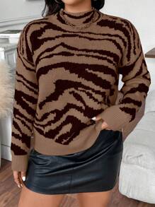 Calvaya Plus Size Women Zebra Print Stand Collar Drop Shoulder Pullover Sweater For Autumn/Winter Knit Pullover Fall - Multicolor - View 3