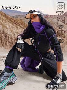 Innovista Fleece Color Jump Purple&Black With Pocket Jogger Pants &Sweatshirt Sport Set, Daily Yoga Cycle Biker HIIT Office To Court Brunch To Gym Two Pieces Multi Function Athleisure All Day Stretchy Activewear Fall Comfort Movement Outdoor Exercise Healthy TT Viral IG Festival Reel Ready FYP INSTA OOTD Black Purple Working Mom Fitness Performance Gear Minimalist