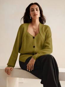 Anewsta 女士纯色简约都市时尚特殊肩部设计针织开衫，适合秋季、冬季、外出、优雅、休闲、正式、派对、时尚、新年、圣诞节、工作、毕业、婚礼 - 黃色 - 查看 6