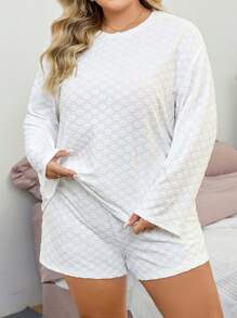 Bộ đồ ngủ dệt kim tay dài họa tiết hoa, cỡ lớn - trắng - Xem 6