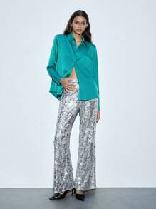 Maija Blusa casual de mujer de satén de color verde turquesa elegante, apropiada para primavera y verano - Verde Oscuro - Ver 8