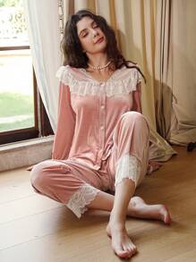1 Set Women Velvet Lace Ruffle Trim Button Down Shirt And Pants Pajama Set - Pink - View 3