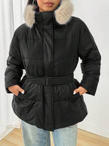 SHEIN EZwear Plus Size Women Winter Waisted  Fluffy Hooded Down& FeathersJacket - Black - View 6