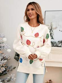 SHEIN LUNE Christmas Neon Lights Print Crew Neck Slit Cuff Long Sleeve Sweatshirt For Women, Casual Winter Christmas Sweatshirt Sudaderas Moletom Crewneck Sweatshirt Christmas Sweatshirt Women