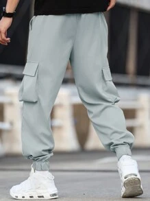 Manfinity Homme Men Plus Size Loose Fit Letter Patched Detail Flap Pocket Drawstring Waist Cargo Pants
