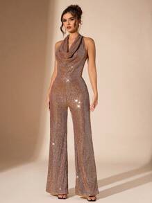 SHEIN BAE Autumn/Winter Solid Khaki Sparkling Sequin Sexy Minimalist Elegant Plunging Neck Backless Flare Leg Jumpsuit, Suitable For Cocktail Party, Romantic Date, Autumn/Winter Underlayer, Party, Halloween, Christmas - Khaki - View 6
