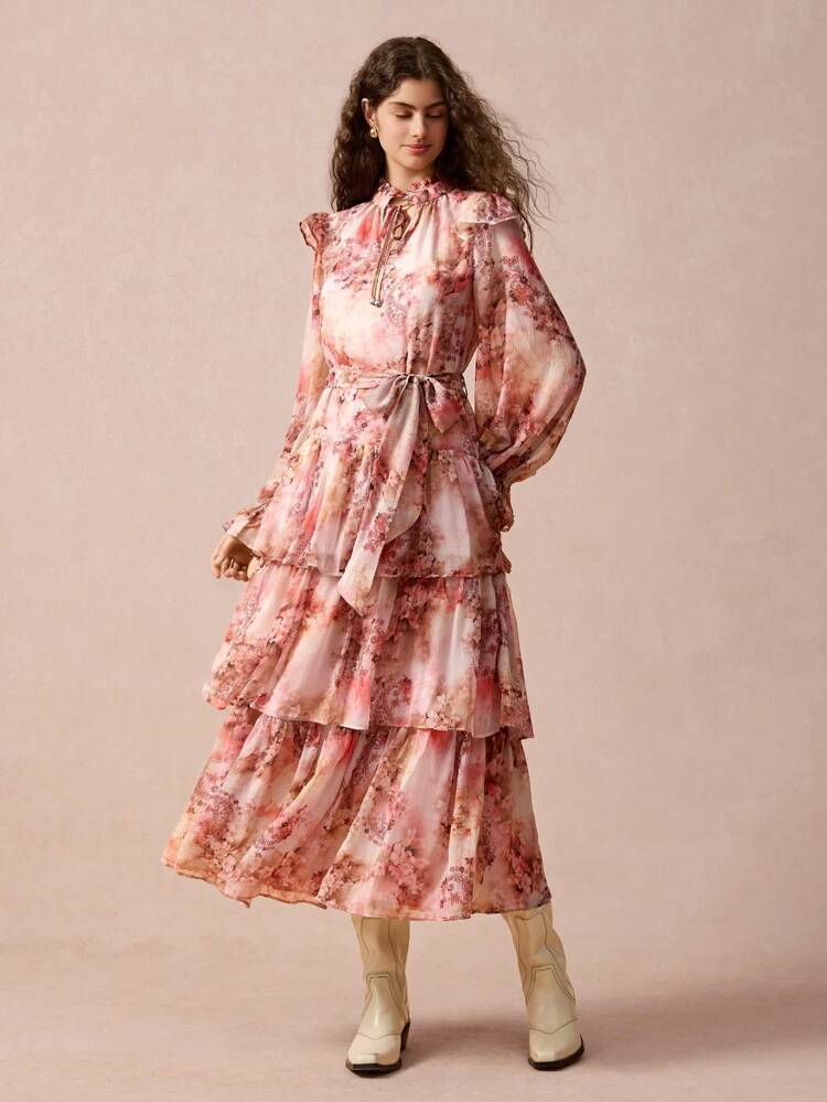 New Autumn Winter Products,Romantic Floral Allover Print Ruffle Hem Dress For Women,Fall Winter  Women's Clothing,Winter Dress,Elegant Women Dresses,Long Sleeve Dress