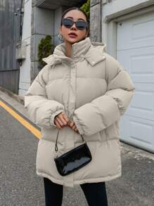 DAZY 女士休闲纯色连帽棉衣，冬季，冬季女装，棉衣女式夹克 - 杏色 - 查看 3