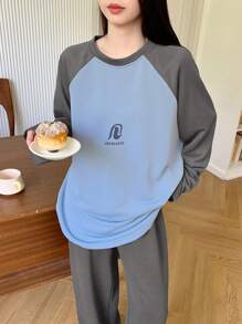 DAZY Crew Neck Color Block Raglan Sleeve Letter Print Top And Loose Pants Pajama Set, Fall Clothes - Blue - View 5