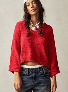 Bohemela Vacation Loose V-Neck Solid Color Dropped Shoulder Long Sleeve Sweater For Women