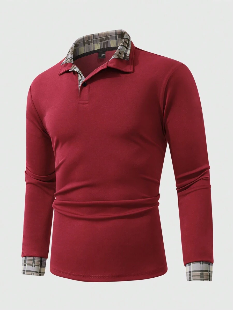 Manfinity Homme 大码男士夏季休闲拼布格子长袖 Polo 衫，适合外出 - 紅色 - 查看 1