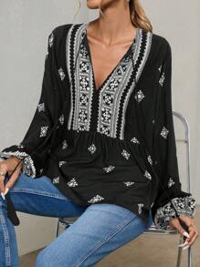 EMERY ROSE Women All-Over Print Casual Vacation Long Sleeve Blouse Peplum Top Fall Cloth For Women - Black - View 7