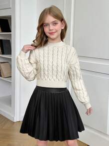 SHEIN Suéter corto de punto de cable en color beige liso con hombros caídos para niña preadolescente, para uso diario