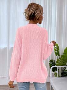 SHEIN LUNE Áo len dài tay cổ tròn màu hồng trơn, kiểu dáng thường ngày, thích hợp cho mùa thu đông. - Hồng - Xem 2