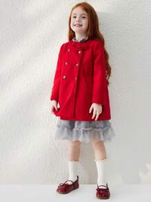 Blossori Young Girls French Style Elegant Red Bowknot Belted A-Line Double Breasted Coat For Autumn/Winter - Red - View 3