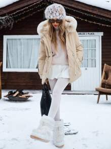 GENKIRA 女士超大毛领冬装加厚棉袄大衣宽松加厚设计腰围 - 米色 - 查看 4