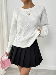 Chiquease Classic French Style Multipurpose Cable Knit Long Sleeve Pullover, Knit Pullover Fall Winter - White - View 1