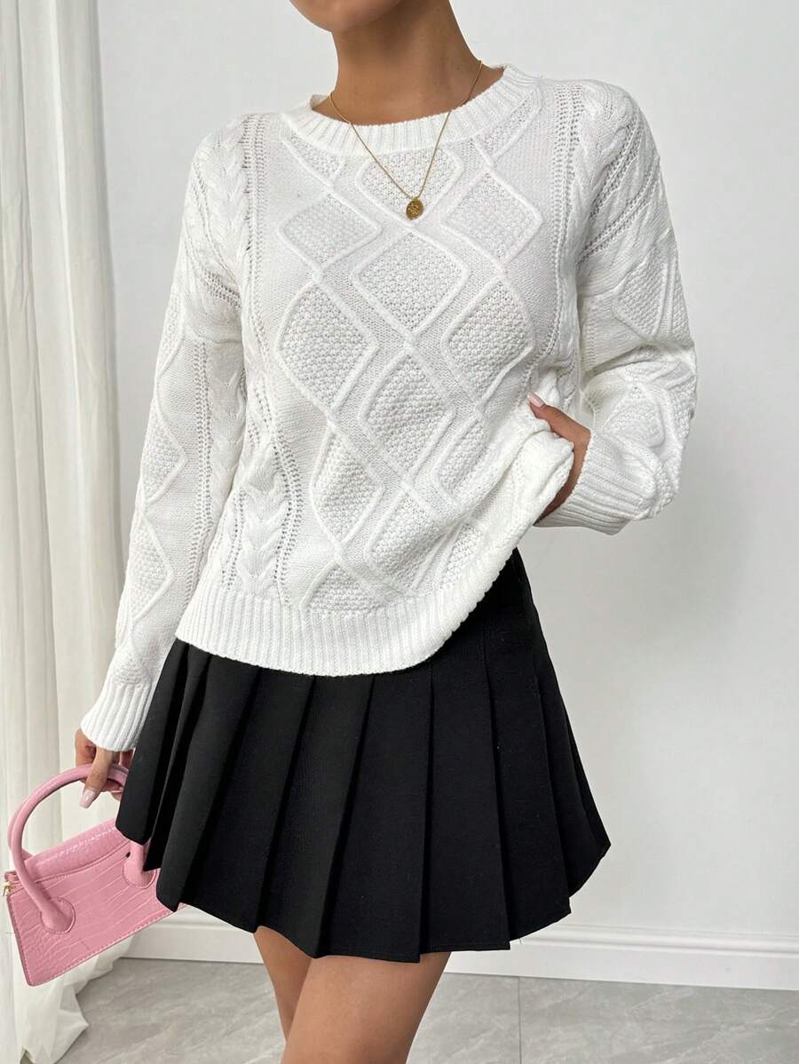 Chiquease Classic French Style Multipurpose Cable Knit Long Sleeve Pullover, Knit Pullover Fall Winter - White - View 1