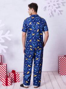 THE POLAR EXPRESS X SHEIN Men Allover Print Shirt & Pants Loungewear Sets, For Christmas - Navy Blue - View 2