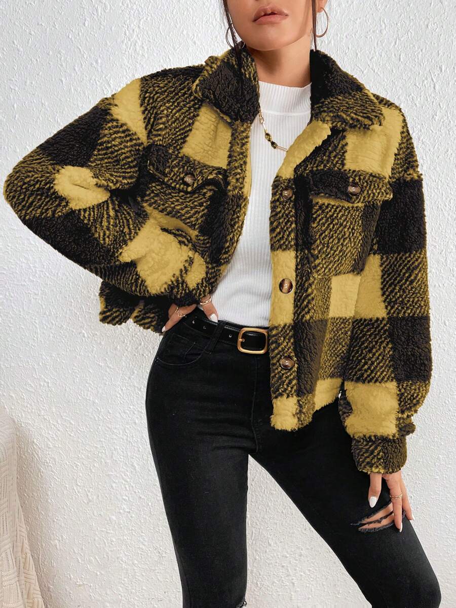 SHEIN EZwear Damen Knopfverschluss Langarm Karojakke mit Taschen, lässiger Alltagsgebrauch im Herbst/Winter