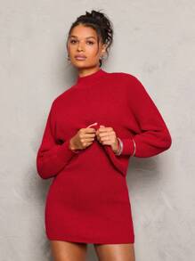 Glamine 2pcs Set: Batwing Sleeve Loose & Mini Fitted Stand Collar Dress