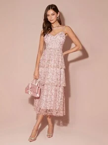 Enchnt Women's Pink V-Neck Mesh Embroidered Floral Waist With Cake Tiered Hem, Thin Sleeveless Waist And Elegant, Cute Long Spaghetti Strap Dress, French Spaghetti Strap Dress, Party, Date Spaghetti Strap Dress, Pastoral Spaghetti Strap Dress, Holiday, Fall Winter