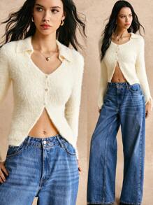 Poéselle Yellow Faux Mink Fleece Cardigan Long Sleeve Short Split Wool Sweater, Beige Sweater, Cute Sweater, Fuzzy Sweater, Fairy Core, V Neck Long Sleeve, Yellow Knit Top, Effortless Chic Essential FW24, Fall Women's Clothing, Women's Short Sweaters, FW24 Autumn/Winter