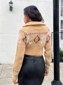 SHEIN Y2K Vintage Jacquard Pattern Contrast Color Dual Zipper Short Knitted Cardigan For Teenage Girls, Autumn/Winter