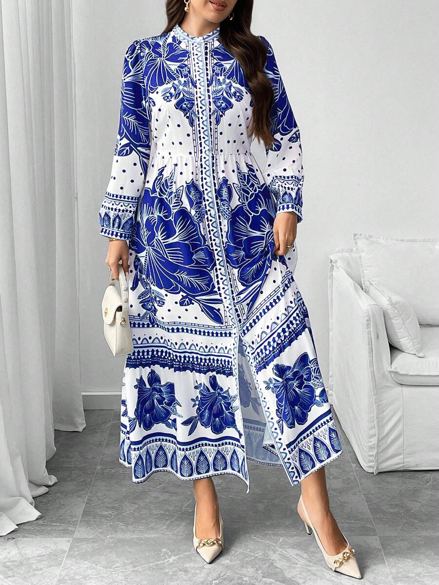 SHEIN Privé Plus Size Placement Print Puff Sleeve Button Down Midi