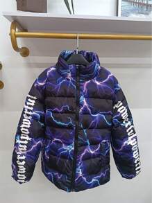 SHEIN Teens/Youth Lightning Letter Graphic Padded Stand Collar Thick Insulated Down Jacket, Winter