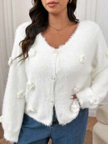 SHEIN Frenchy Plus Size Casual Elegant Solid Color 3D Floral Fluffy Cardigan Sweater, For Winter - White - View 3