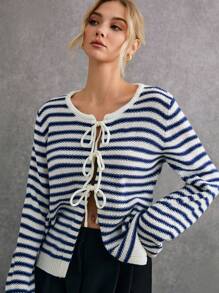 Poéselle 海军蓝条纹前中心蝴蝶结开衫，条纹领带开衫，前系带针织开衫，宽松开衫，秋季毛衣，外出上衣，风衣，羊绒衫，适合日常外出优雅羊毛针织上衣