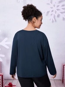 THE POLAR EXPRESS X SHEIN 大码休闲复古街头服饰字母、雪人、雪花和票证印花落肩圆领 T 恤，深蓝色，女款，秋季 - 藏蓝色 - 查看 2