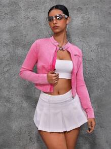 SHEIN PETITE Women Tight Fitting Stretchy Long Sleeve Pink Denim Blouse