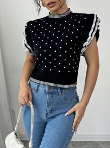 Chiquease Elegant Polka Dot Ruffle Hem Sleeveless Short Knitted Sweater Vest For Women