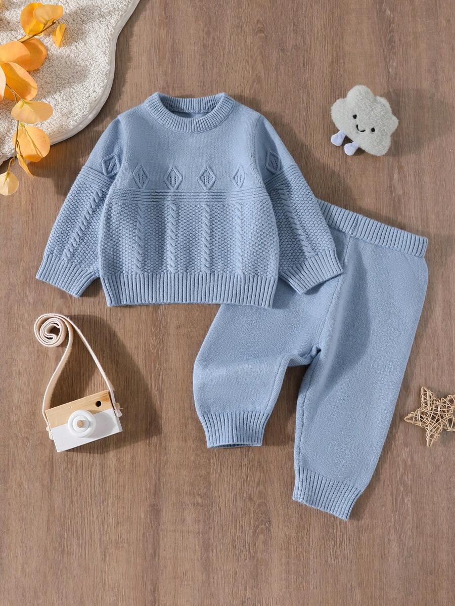 2 件套男婴针织服装，时尚简约纯色粗针织圆领毛衣和针织裤，男婴感恩节服装 - 藍色 - 查看 1
