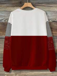 SHEIN LUNE Sudadera de mujer con estampado de bloque de color, de manga larga, con rayas y estampado de leopardo de muñeco de nieve navideño