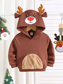 SHEIN 休闲可爱驯鹿角图案宽松保暖卫衣，适合男婴女童，秋冬季节穿着，圣诞节理想之选，时尚休闲学院风 - 棕色 - 查看 8