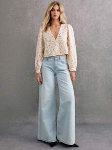 Poéselle 女士 V 领花卉印花长袖蕾丝拼布衬衫冬季女装 Cottagecore 厚重工艺波西米亚风轻松时尚必备 - 彩色 - 查看 4