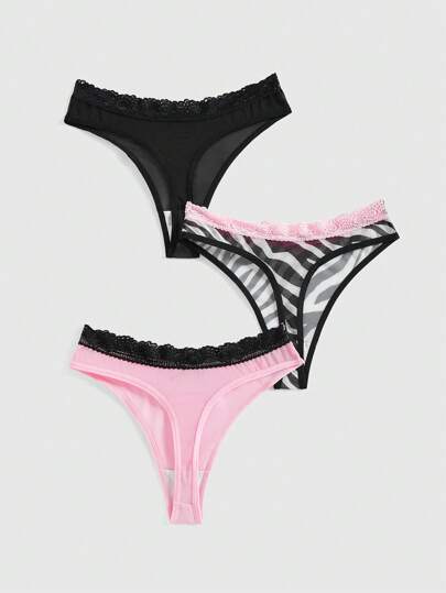J-Fashion 3pcs Y2K Gyaru Style Zebra Print Mesh & Lace Colorblock Thongs Panties Set