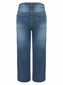 Jeans simples con bolsillo delantero y estampado de gato para mujer, uso casual de todos los días - Azul - Ver 2