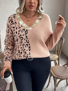 Calvaya Plus Size V-Neck Loose Leopard Print & Sequin Contrast Dolman Sweater, For Winter - Dusty Pink - View 3
