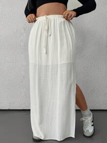 SHEIN EZwear 大码纯色抽绳腰高开叉休闲半身裙 - 白色 - 查看 6