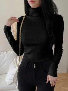 DAZY 秋季新款纯色高领修身毛衣、长袖上衣、秋季女装 - 黑色 - 查看 2
