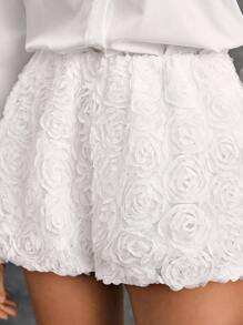 Poéselle Women's Solid Color Floral 3D Decor Loose Shorts,White Flower,Summer,Elegant,Tea Party,Simple Fashion,Commute,Banquet,Party And Other Occasions Wear - White - View 5