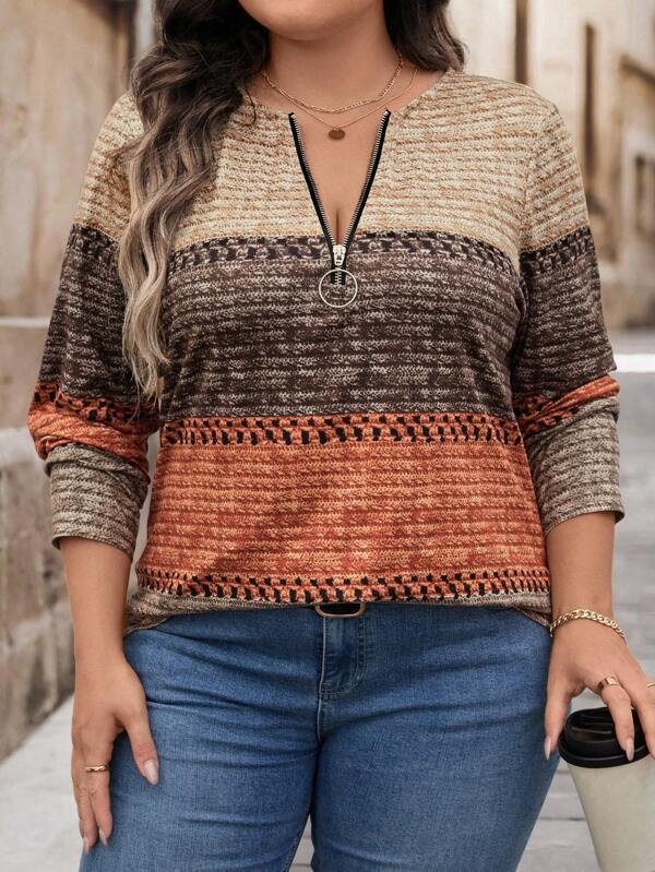 SHEIN LUNE Plus Size Women Christmas Women Outfit Brown Neckline Zipper Design T-Shirts Christmas Women's T Shirt Plus Size Fall Clothes