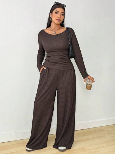 Enliva 2 pièces Ensemble Top à manches longues plissé et pantalon avec poches, marron texturé, grande taille