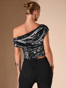 SHEIN BAE 1pc Women Minimalist Sexy Asymmetric Shoulder Top, Metallic Sequin Embellishment Slanted Hem, For Party Season, Autumn/Winter