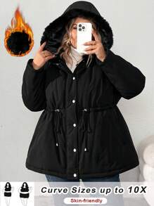 SHEIN CURVE+ Plus Size Women's Fluffy Hooded Padded Coat, For Winter - Black - View 4