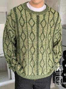 Manfinity CasualKnits Jersey de cuello redondo de manga larga con bloque de color a cuadros minimalista para hombre, informal para uso diario, salir, amigos - Verde - Ver 1